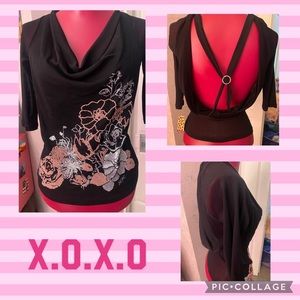 Rare Vintage Y2K X.O.X.O. Sheer black open back beaded floral top size M